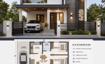 simple 25 X 25 House Plan 3D With Car Parking, 2 Bedrooms and Sitout