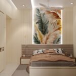 Contemporary 10x10 master bedroom interior with upholstered queen bed, textured accent wall, premium false ceiling, warm cove lighting and space-saving furniture layout.