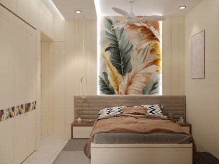 Contemporary 10x10 master bedroom interior with upholstered queen bed, textured accent wall, premium false ceiling, warm cove lighting and space-saving furniture layout.