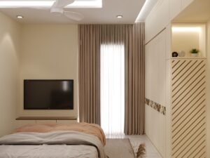 Luxury 100 sq ft bedroom featuring a modular floor-to-ceiling wardrobe, floating TV console, designer false ceiling, ambient lighting and modern beige interior design.