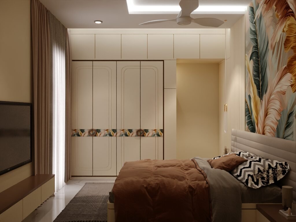 Modern 10x10 bedroom interior design with queen size bed, floor-to-ceiling wardrobe, floating TV unit, beige wall panels, false ceiling and warm LED lighting in a 100 sq ft master bedroom.