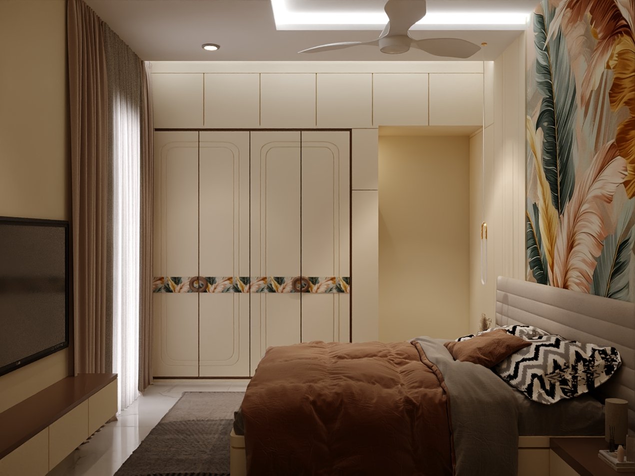 Modern 10x10 bedroom interior design with queen size bed, floor-to-ceiling wardrobe, floating TV unit, beige wall panels, false ceiling and warm LED lighting in a 100 sq ft master bedroom.