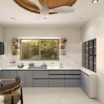 Modern U shaped modular kitchen design in blue grey colour with LED lighting