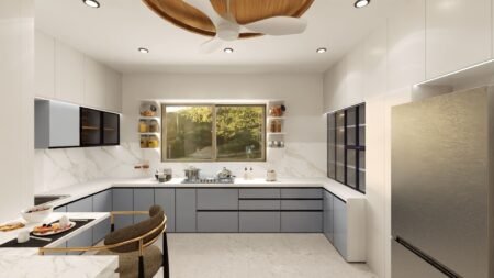 Modern U shaped modular kitchen design in blue grey colour with LED lighting