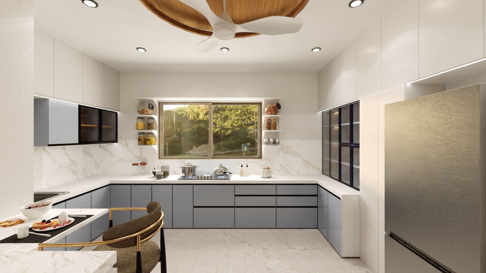 Modern U shaped modular kitchen design in blue grey colour with LED lighting