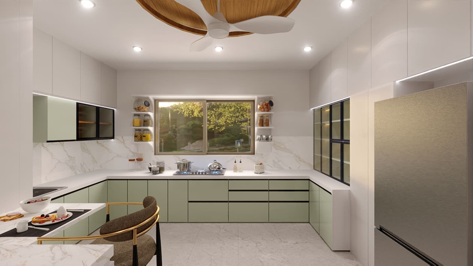Stylish U shaped modular kitchen design in sage green with marble backsplash