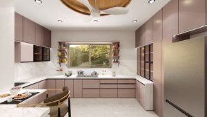 U shaped modular kitchen design in dusty pink with white marble countertop