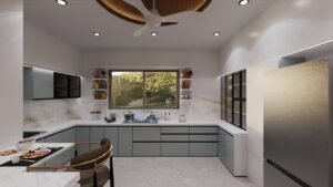 U shaped modular kitchen design in soft grey with marble countertop and glass cabinets
