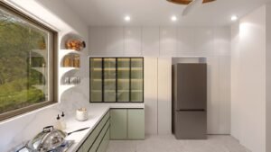 U shaped modular kitchen design side view with glass display cabinets and refrigerator