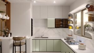 U shaped modular kitchen design with breakfast counter and open shelves near window
