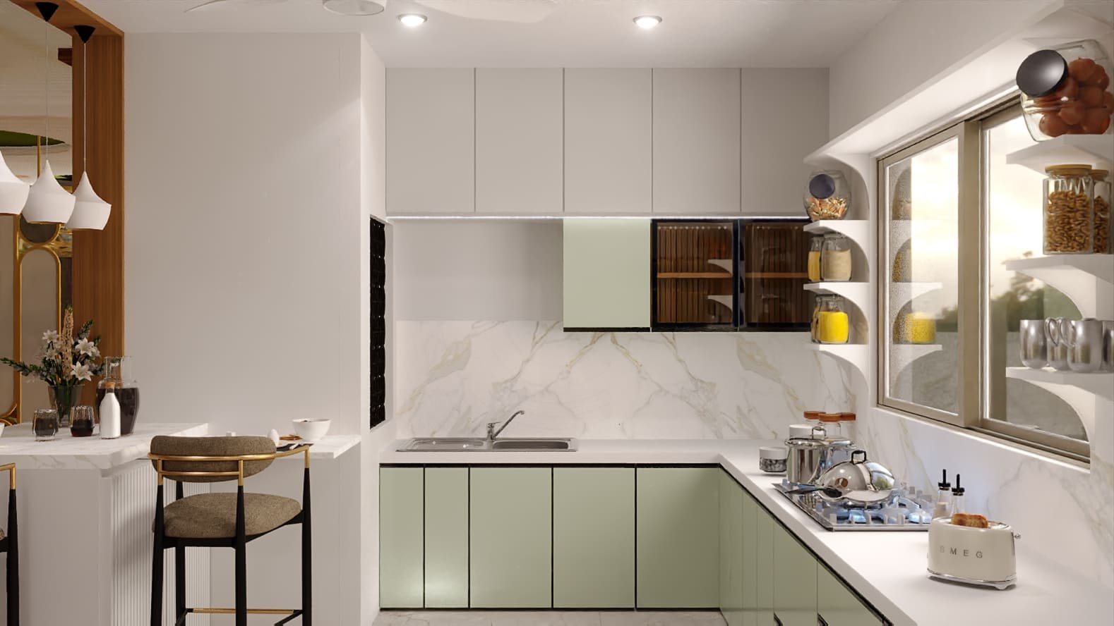 U shaped modular kitchen design with breakfast counter and open shelves near window