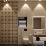 Contemporary 4x10 bathroom design with shower area, patterned tiles, and illuminated mirror