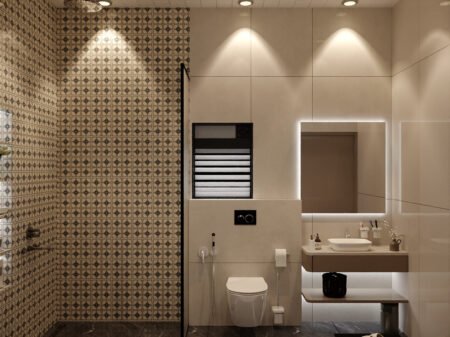 Contemporary 4x10 bathroom design with shower area, patterned tiles, and illuminated mirror