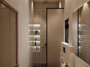 Modern 4x10 bathroom layout with shower, wall-mounted toilet, and floating vanity