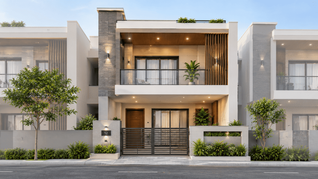 Modern row house design in 1200 sq ft Townhouse Facade at Dusk