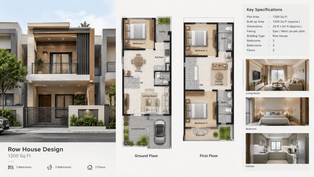row house design in 1200 sq ft