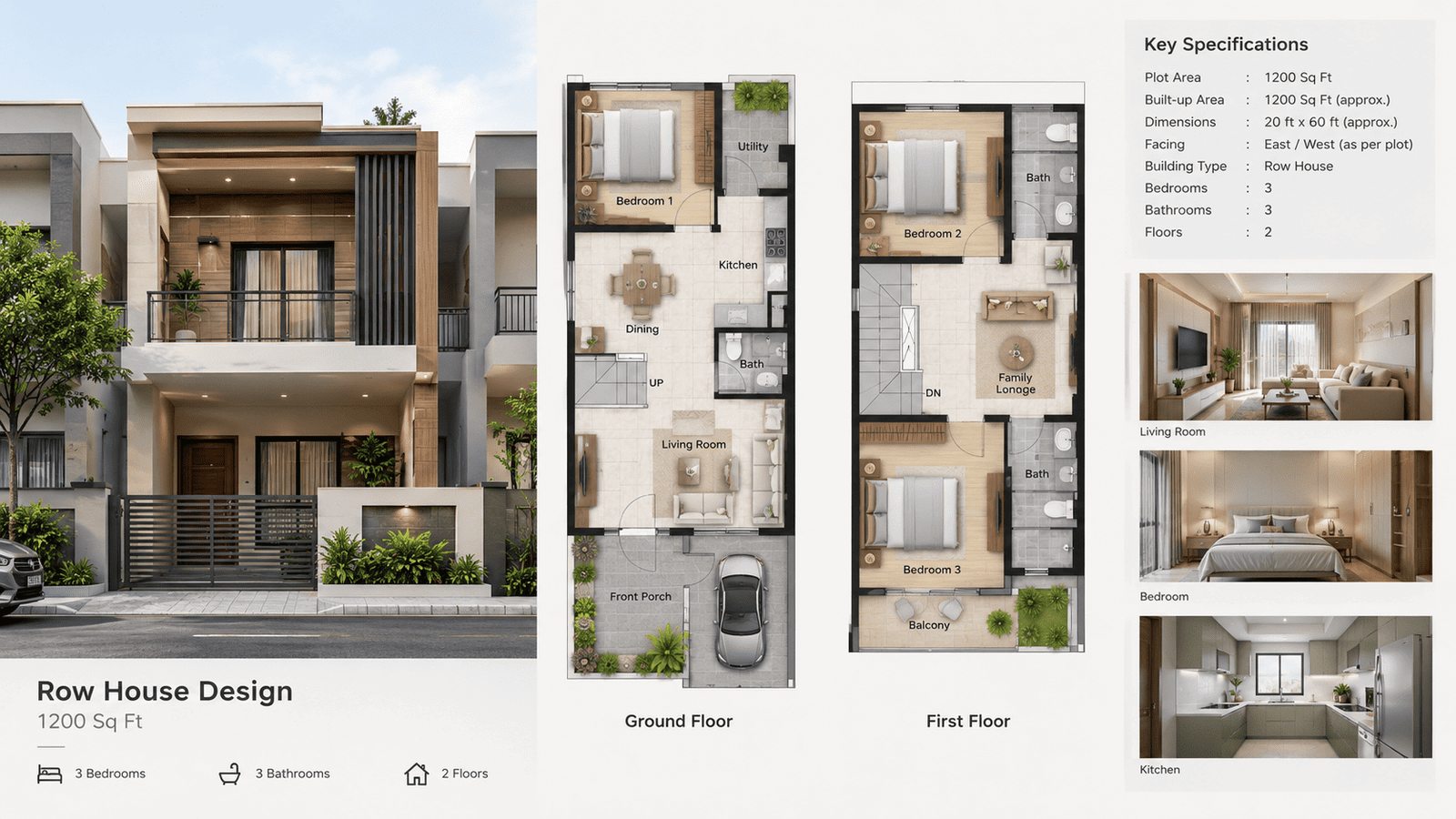 row house design in 1200 sq ft